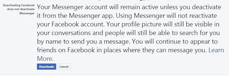 Deactivate facebook but not the messenger.